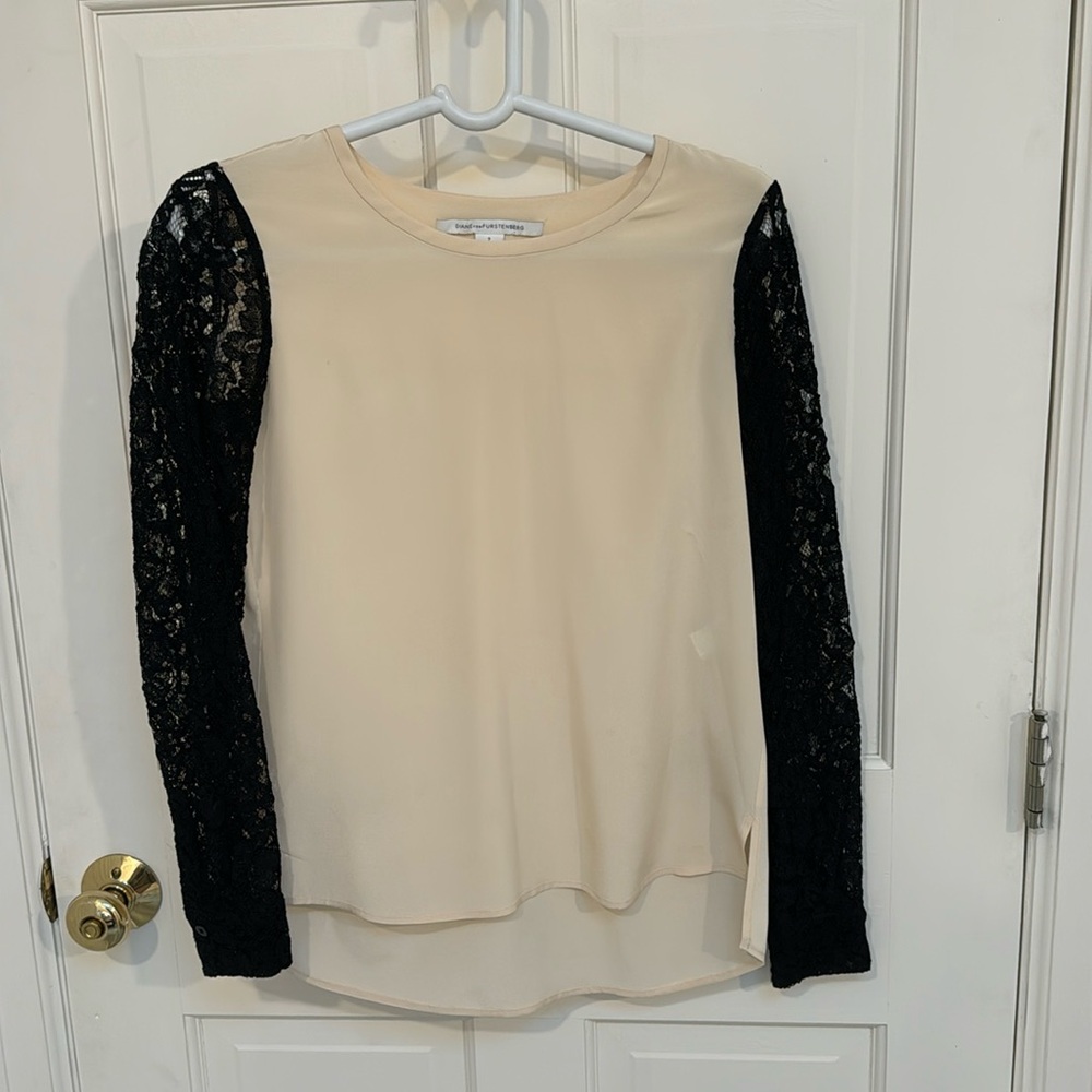 Diane Von Furstenberg Louisa Black Silk Lace Sleeve Blouse